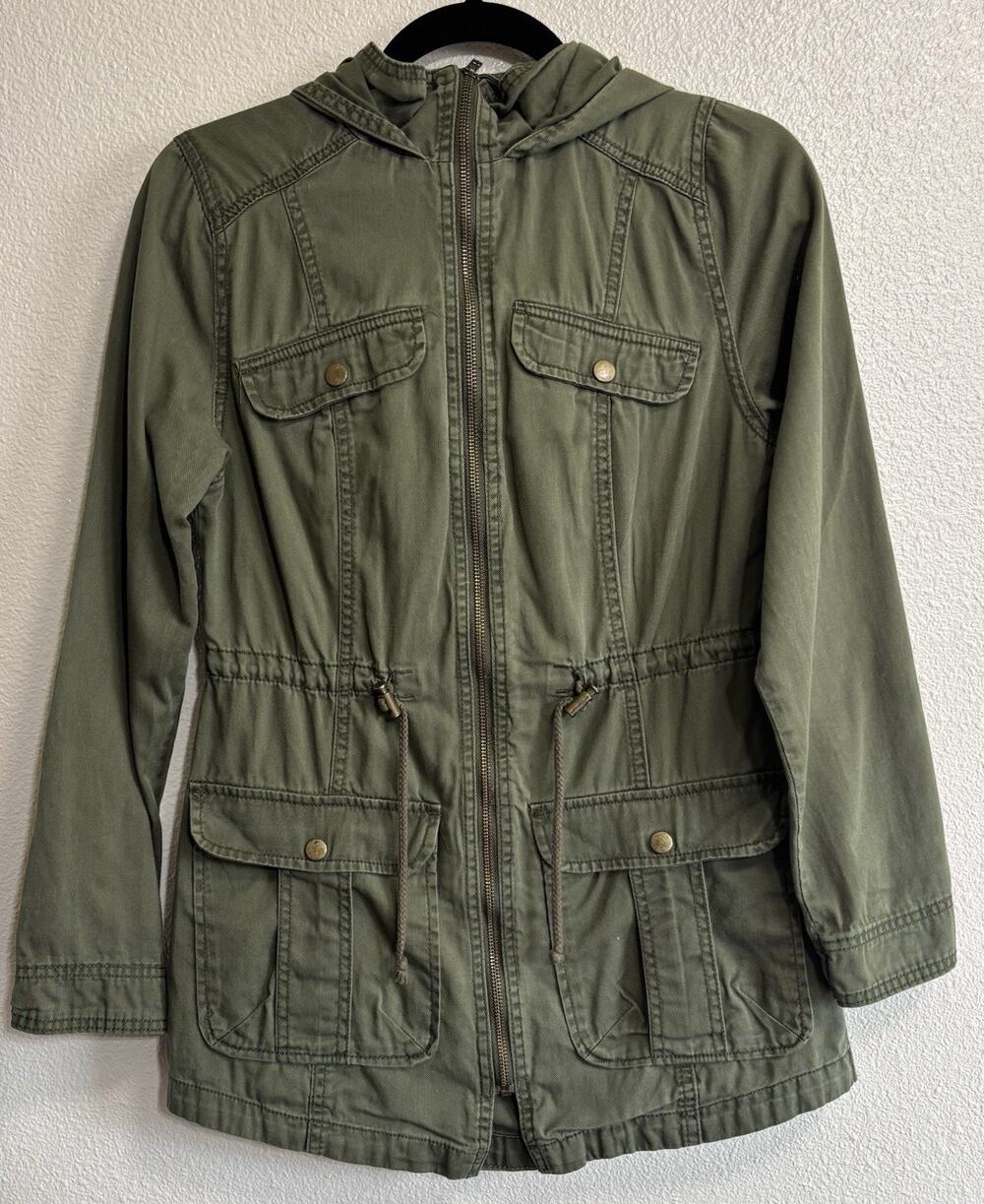 Utility Trucker Jacket Army Green Grunge Y2K Drawstring Granola Women's Size S